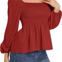 Umenlele Women's Long Sleeve Square Neck Shirred Ruched Ruffle Peplum Blouse Shirt Tops (Medium)