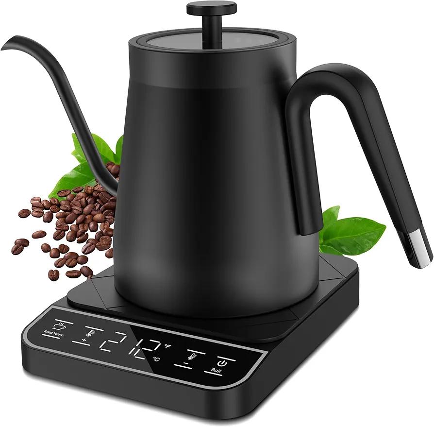 Electric Gooseneck Kettle, ±1℉ Temperature Control One Click 197℉ Pour Over Kettle for Coffee & Brew Tea, Hot Water Boiler, Stainless Steel Inner Fast Heating & Keep Warm 12 Hours, 1200w, 0.8L