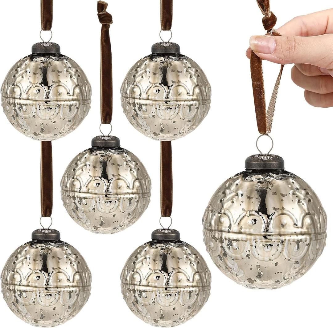 Threan 6 Pcs Large Vintage Mercury Glass Christmas Ornaments 3.15" Hanging Christmas Ball Ornaments Antique Embossed Ball Decorations for Xmas Tree Garland Wreath Holiday Decor (Champagne Gold, Etched)