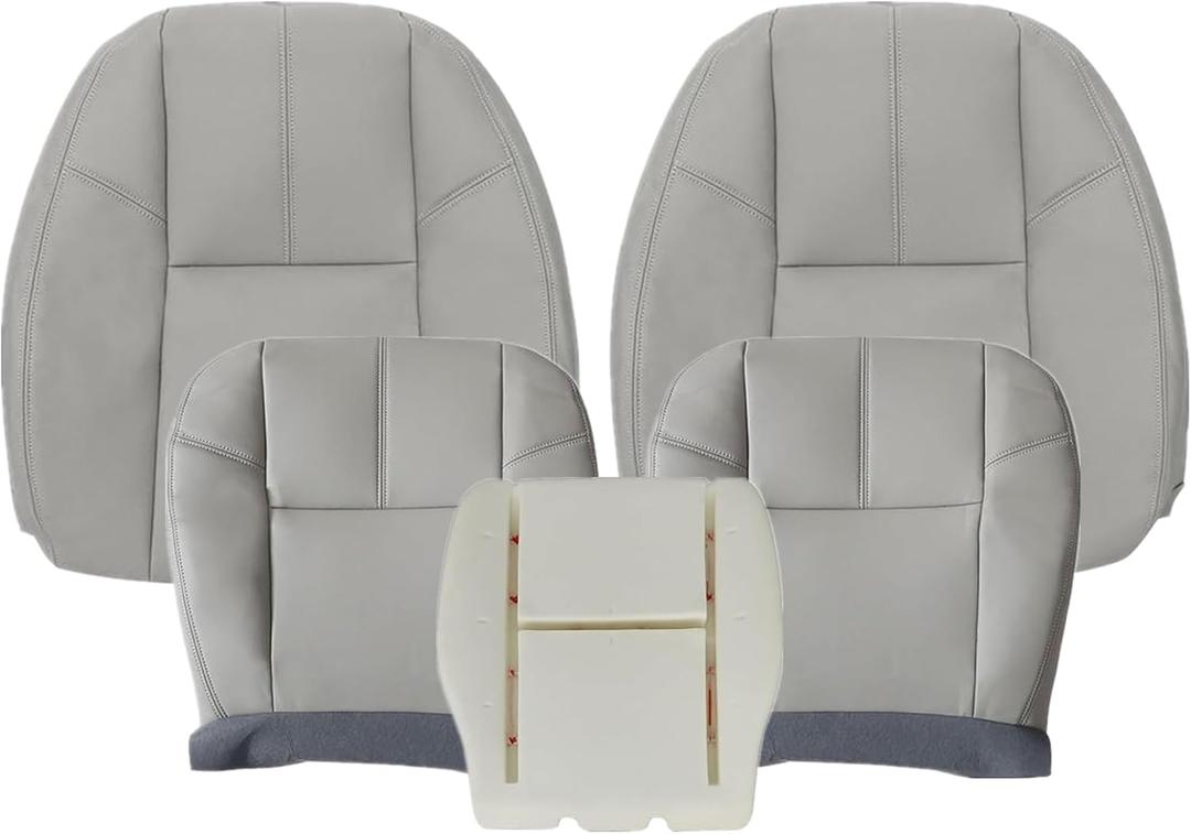 FZJDSD 5PCS Gray Driver & Passenger Bottom & Top Lean Back Leather Seat Covers and Driver Foam Cushion Compatible with Chevy Silverado Tahoe Avalanche Suburban GMC Sierra Yukon 2007-2014