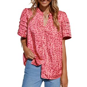 MASCOMODA Womens Tops Summer Boho Floral Short Sleeve Button Down Shirts Crewneck Loose Vacation Dressy Casual Work Blouses(Orange Pink Floral,Large)