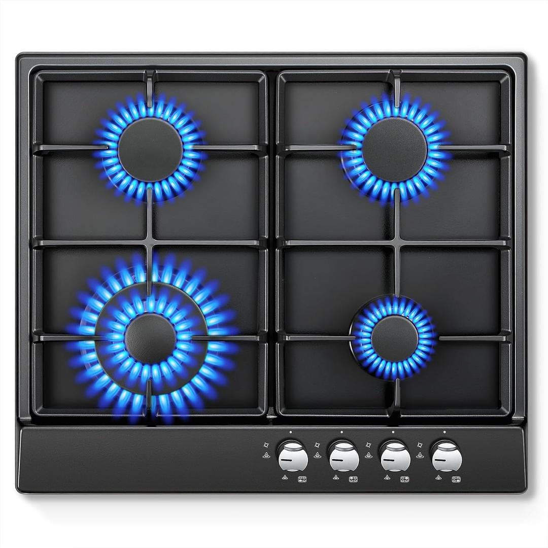 24 Inch Gas Cooktop, Built-In 4 Burner Gas Stove Top, NG/LPG Convertible Black Enamel Propane Cooktop with Thermocouple Protection for Kitchen, Apartments, RV