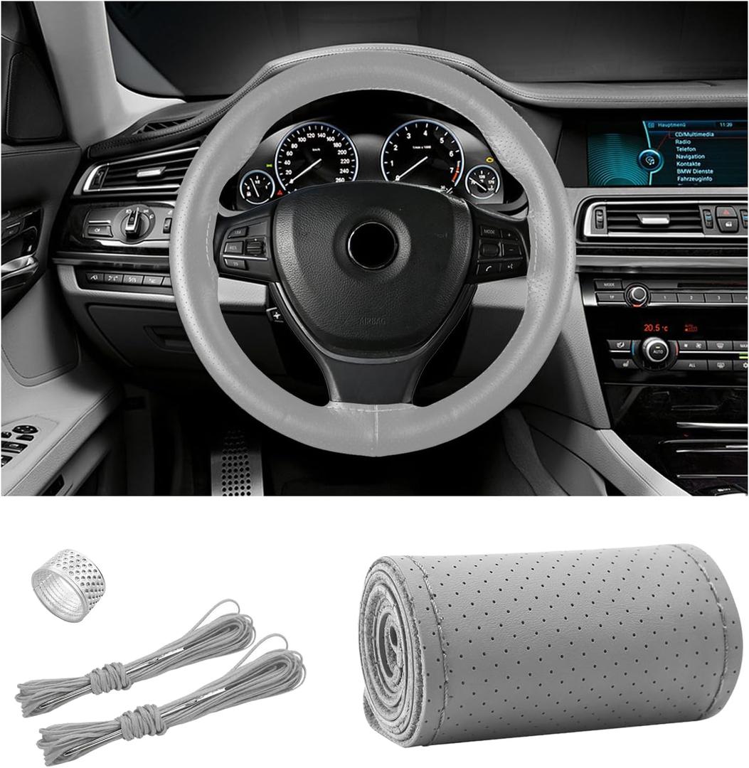 Ziciner Genuine Leather Steering Wheel Cover, 15 Inch Universal Breathable Anti-Slip Car Steering Wheel Protector, DIY Sewing with Needle Thread Fit for Men and Women (Gray, Hole)