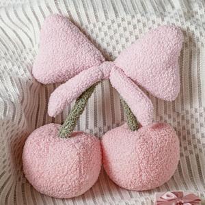 Beeveer Small Bow Cherry Throw Pillow Wool Cute Coquette Room Decor Decorative Throw Pillows Aesthetic Room Decor Bowknot Shaped Plush Cushions for Valentines Day Bedroom Sofa Couch(Pink)