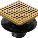 Shower Drain, Brushed Gold 6 inch Shower Floor Square Drain with Flange, Removeable Grid Panel SUS 304 Stainless Steel Square Shower Drain