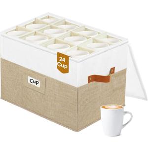 2-Layer Mug Storage Organizer,Quilted Cup Box,China Storage Containers for 24 Tea Cups or Coffee Mugs with Clear Hard Lid,Stackable Tea Storage for Moving(Beige)