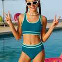 Girls Swimsuit Double Strap High Waist Sporty Bikini Swimsuits Swim Cover Up Skirt 3 Piece Set (Green, 17-18Y)