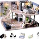 Flever Wooden DIY House Kit, Miniature with Furniture, Creative Craft Gift for Lovers and Friends (Satisfied Time)