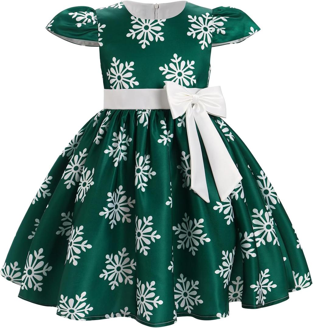 Toddler Baby Girls Christmas Snowflake Dress Bowknot Belt Xmas Party Holiday Dresses (2-3T, Green)