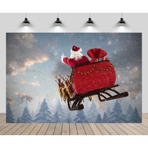 7x5ft Santa Claus Backdrop Santa Claus Riding Sleigh Reindeer Gift Box Snowing Forest Snowflake Background Xmas Eve New Year Party Decorations Portrait Shoot Photo Props Wallpaper
