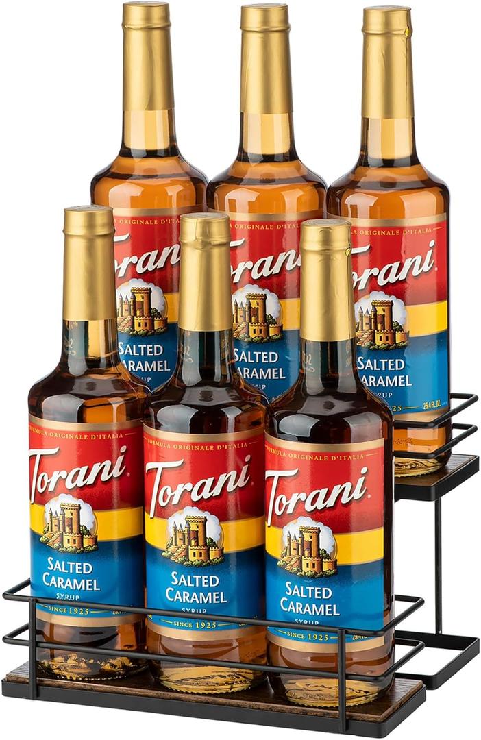 Coffee Syrup Organizer Rack, 2 Tier Syrup Holder for Coffee bar Syrup Storage,Kitchen Condiment Organization and Wine Display(6 Bottle Capacity).