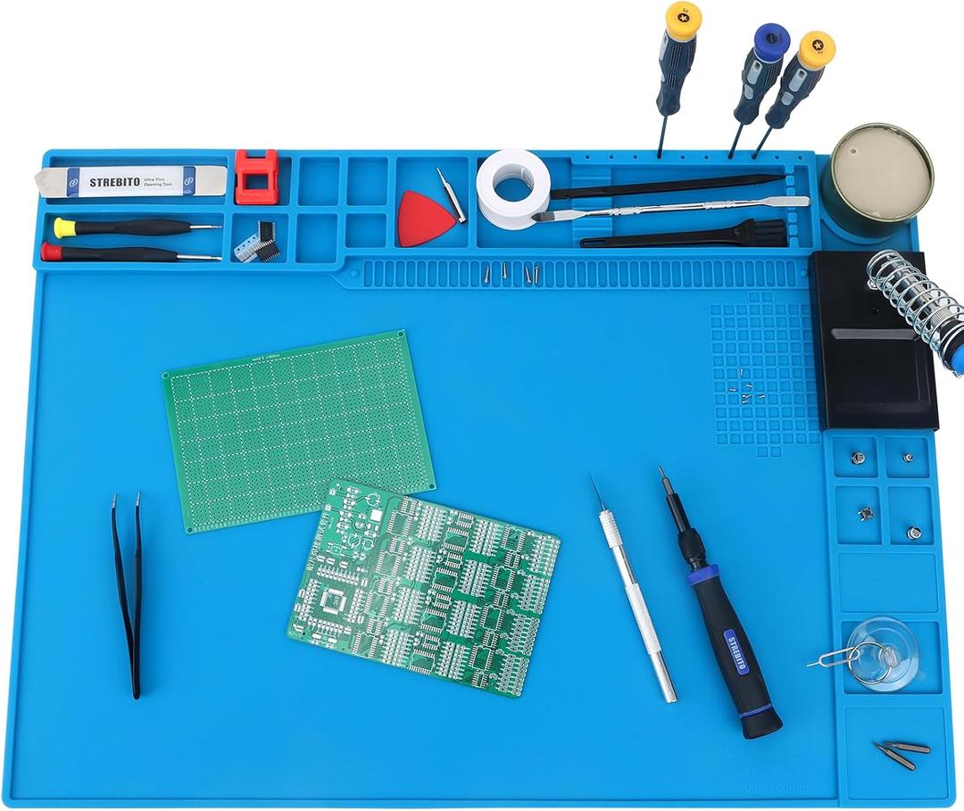 STREBITO Soldering Mat - Large, Heat Resistant Up to 932F, Magnetic, Silicone Work Mat for Soldering Iron, Electronic & PC Building - Size 21.7" x 15.8