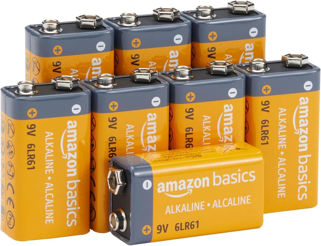 Amazon Basics 8-Pack 9V Long-Lasting Alkaline Batteries for Smoke Detector, Electronics & Audio, Reliable, 5-Year Shelf Life