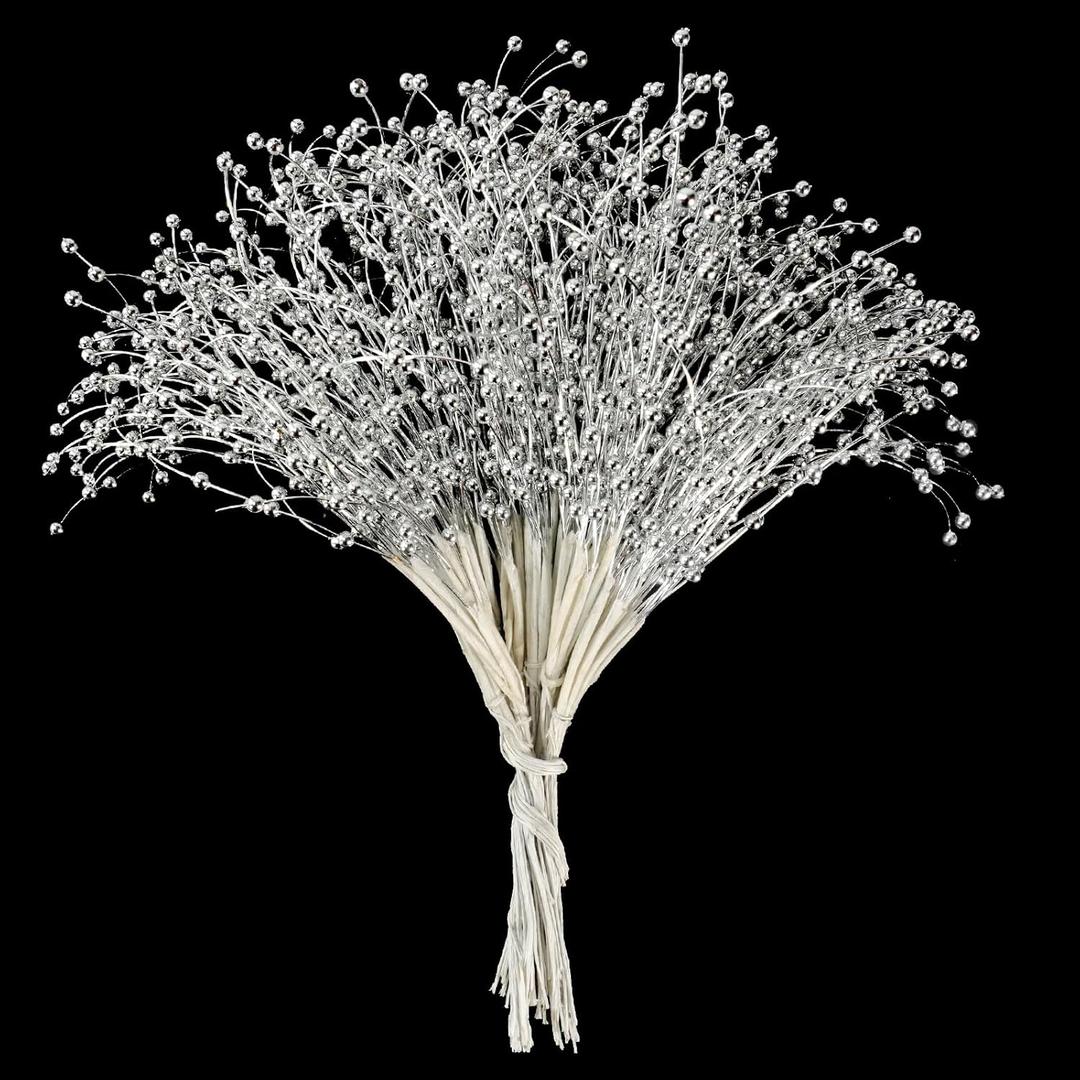 100pcs Beaded Stick Bride Wedding Pearl Bouquet Party Decoration (Silver)