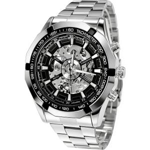 Gute Mens Watches, Mechanical Skeleton Stainless Steel Waterproof Automatic Self-Winding Watch for Men, Luxury X Dial Steampunk Wrist Watch (Silver)