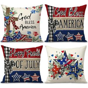 4th of July Memorial Day Pillow Covers 18x18 Inch Set of 4 God Bless America Stars Eucalyptus Flowers Cross USA Flag Patriotic Independence Day Throw Pillow Cases for Sofa Couch Decorations