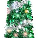 5FT Pop Up Christmas Tree with 90 LED Lights, Collapsible Artificial Pencil Christmas Tree, Tinsel Skinny Christmas Trees for Home Apartment Porch Indoor Outdoor Holiday Decorations (Silver Green-5ft)