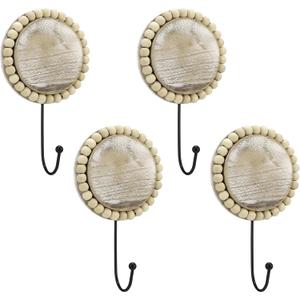 4 Pcs Wooden Boho Wall Hooks Vintage Decorative Coat Hooks with Beaded Edge Farmhouse Bohemia Beaded Towel Hangers for Bathroom, Entryway, Bedroom Towels, Keys, Hats