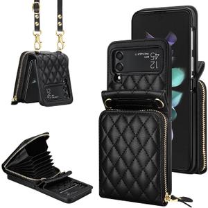 Vofolen for Samsung Galaxy Z Flip 3 Case with Card Holder Crossbody 8-Card Slots Wallet Case with Adjustable Strap Soft PU Leather Protective Zipper Flip 3 Phone Case for Women Girls, 6.7'' Black