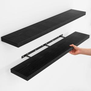 Fun Memories Floating Shelves for Wall, 48 Inch Long Set of 2 Rustic Wood Wall Shelves with Invisible Brackets, Heavy Duty Storage Display for Living Room Bedroom Kitchen, Black