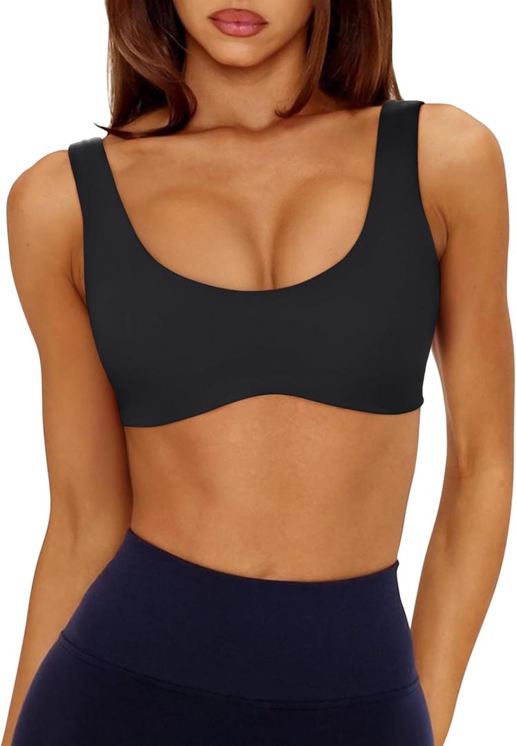 LASLULU Sexy Sports Bras for Women Scoop Neck Sleeveless Padded Bra Workout Yoga Crop Top (Medium, Black)