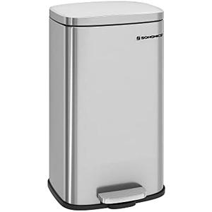 SONGMICS Trash Can with Lid, 8 Gallon Garbage Can, Stainless Steel Small Waste Bin with Step Pedal and Inner Bucket, Soft Close, Kitchen, Silver ULTB03NL