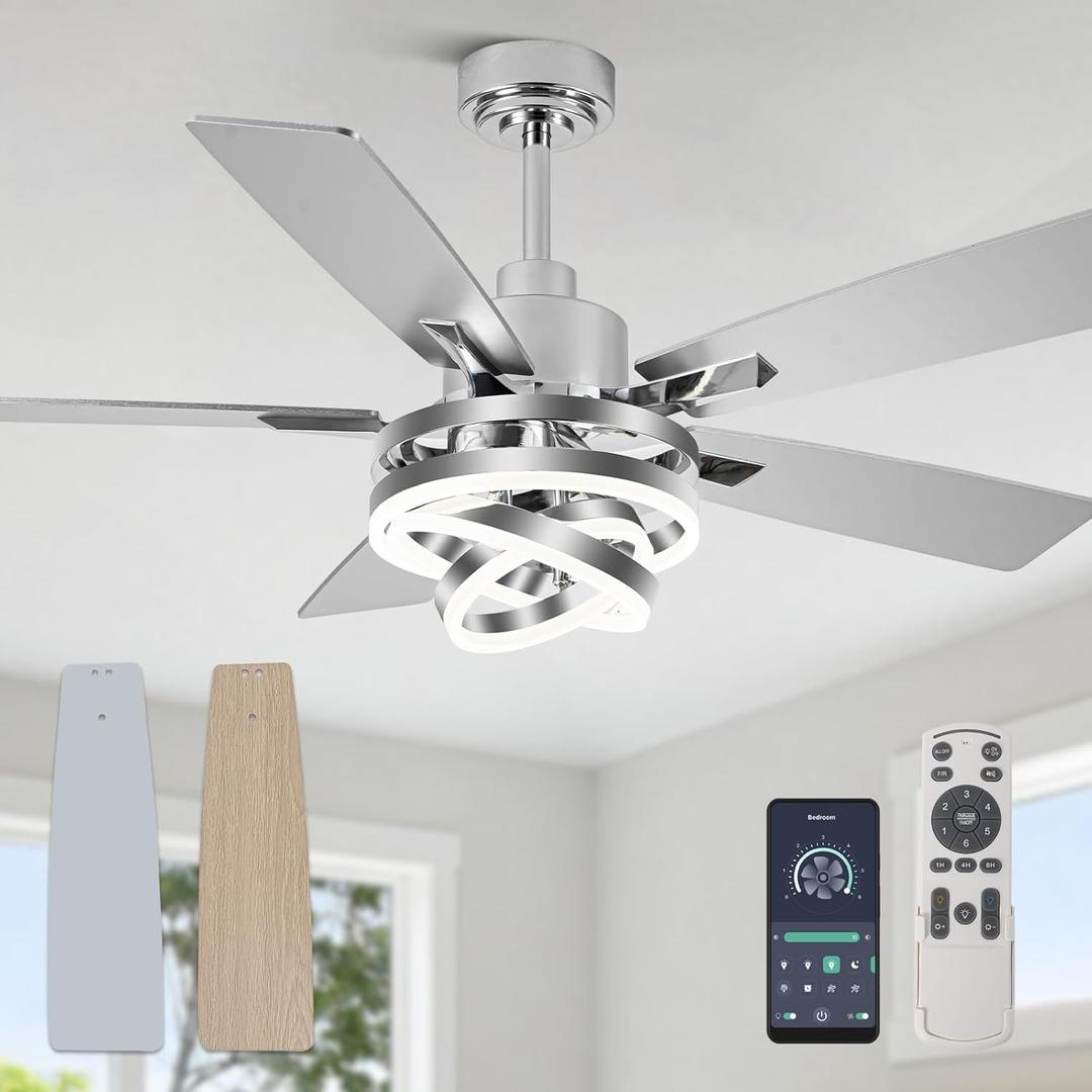 52" Ceiling Fan with Light Chandelier Fan Modern DC Motor Dimmable Led Fandelier Ceiling Fan with Light for Bedroom, Living Room (Silver)