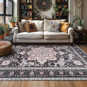 Living Room Rugs 5x7 Washable Boho Area Rug Vintage Low Pile Playroom Mat Indoor Floor Carpet Boho Rugs for Bedroom Entryway Laundry Room(Black/Multi,5x7ft)