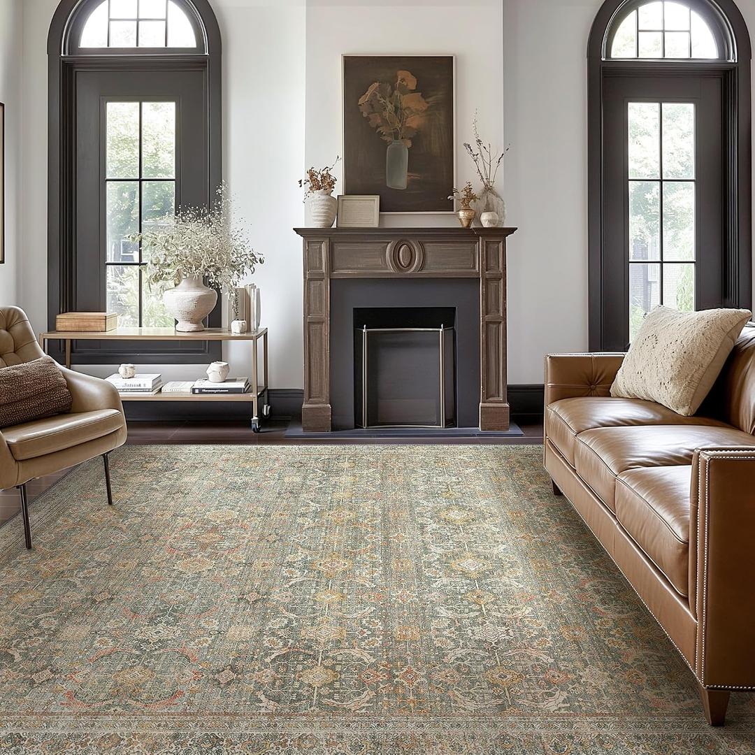 9X12 Amber Gold Area Rug, Vintage Boho Distressed Large Floor Rug, Machine Washable Non Slip Low Pile Lightweight Carpet for Living Room Bedroom Dining Room, Soft Indoor Home Decor