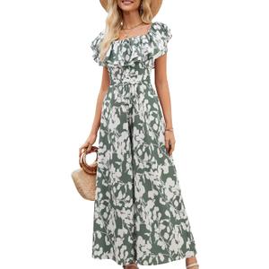 Gardenwed Women's Floral Wide Leg Jumpsuit, Ruffle Short Sleeve Square Neck Summer Casual Palazzo Romper with Pockets (Large)