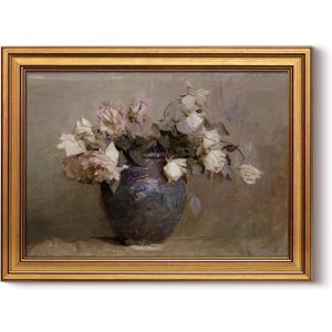 HUARCEY Gold Framed Canvas Wall Art Prints, Bathroom Vintage Decor Aesthetic, Classical Roses Floral Paintings Farmhouse Wall Decor, Retro Decoration for Bedroom Living Room, 12x16Inch