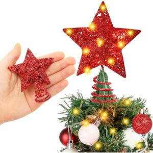 Gejoy Mini Christmas Five Pointed Star Tree Topper with Lights Glitter Red Xmas Star Small Christmas Tree Topper Holiday Ornament Party Office Decorations