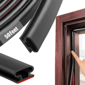 Black Rubber Weather Stripping Door Seal Strip, D Shape Door Rubber Weather Seal Strip, Self Adhesive Weather stripping Soundproofing Doors Sealing Strip for Windows (50 feet, Black)