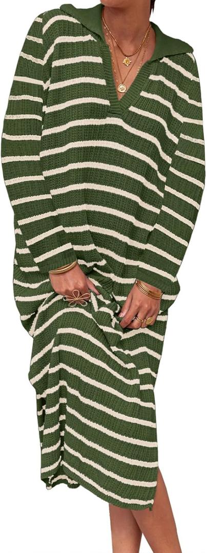 Saodimallsu Womens Striped Sweater Dress Fall Chunky Knit V Neck Collared Long Sleeve Sexy Slit Loose Midi Dresses (Green)