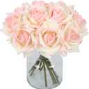 IPOPU Fake Roses,2 Bouquets 10PCS Real Touch Roses Artificial Flowers Faux Roses with Stems for Wedding Party Home Table Centerpieces Decoration(Pink Edge)