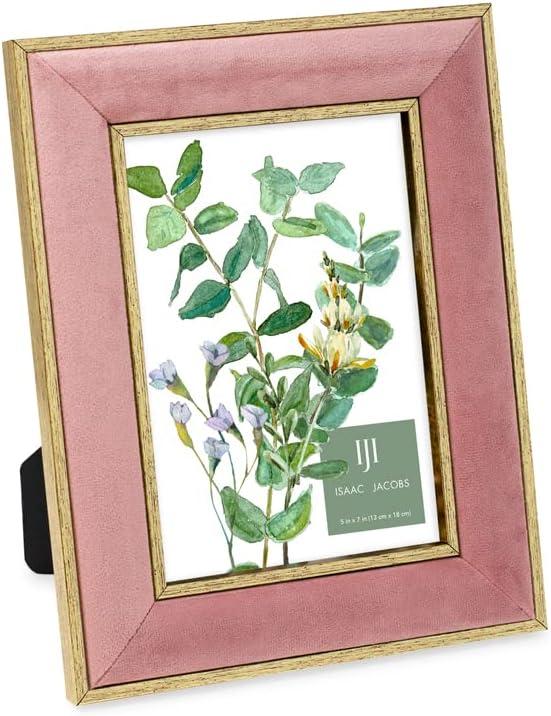 Isaac Jacobs 4x6 Pink Velvet Picture Frame with Metallic Gold Double Border, Photo Frame, Horizontal & Vertical, Made for Tabletop & Wall Display