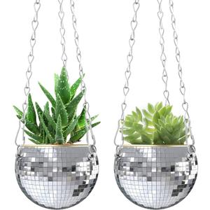 moonoom 2 Pcs Hanging Disco Ball Planter - 4Inch Sliver Disco Mirror Ball Planter with Chain - Home Boho Hanging Planter for Indoor Outdoor Plants