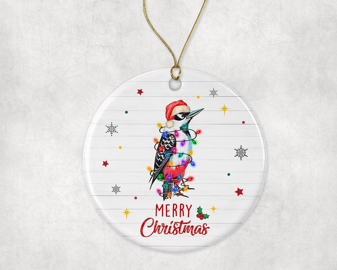 Merry Christmas Woodpecker Ornament, 2024 Christmas Ornament, Woodpecker Christmas Light Ornament, Kids Christmas Ornament, Animal Christmas Ornament Printed on One Side