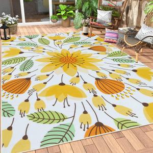 Lahome Floral Indoor Outdoor Rug 8x10, Non Slip Outdoor Patio Rug for Camping Picnic, Portable Large Outdoor Area Rug for Balcony Deck Backyard, RV Mat Outdoor Rugs for Living Room Bedroom,Yellow
