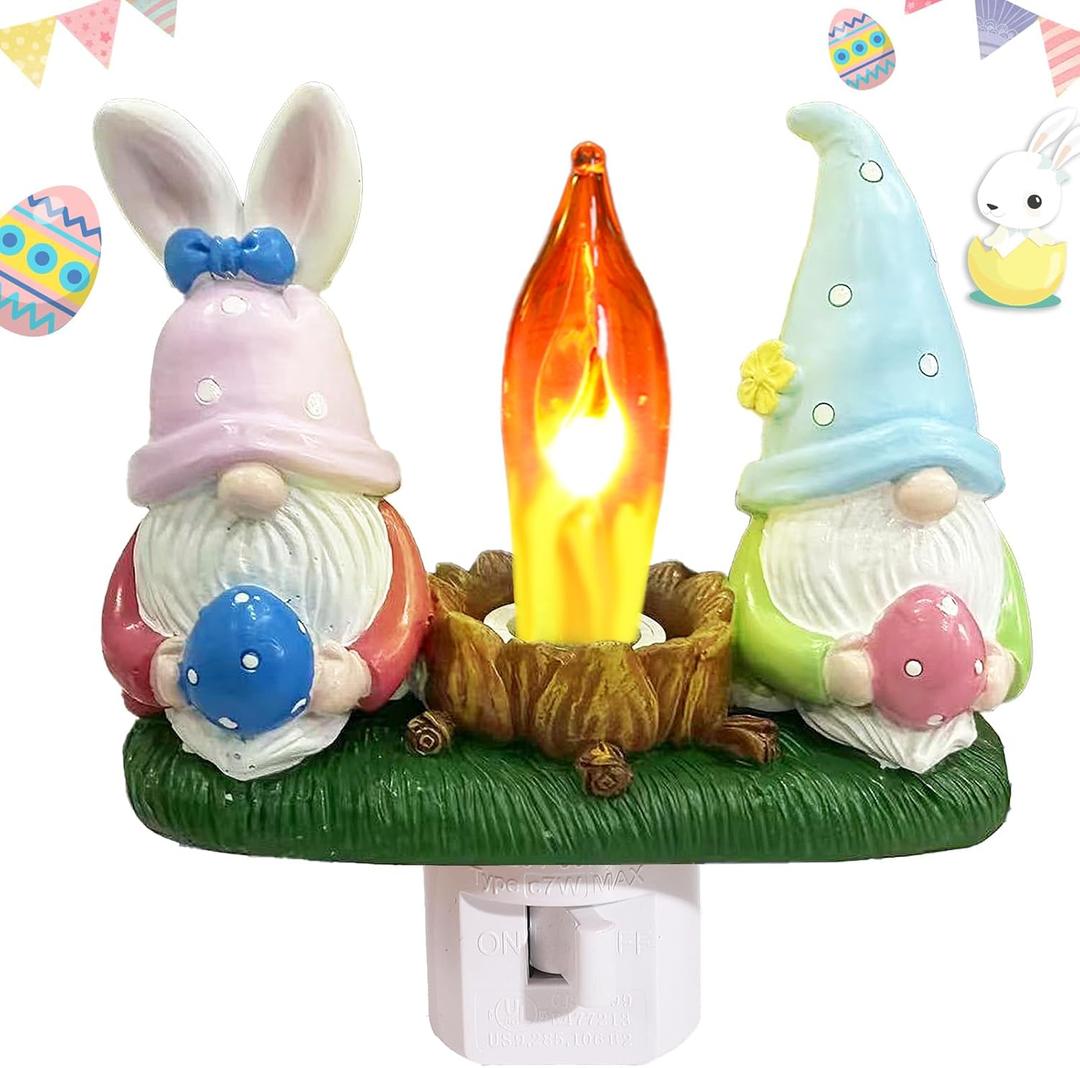 Gnomes Campfire Flickering Nightlight, Rabbit Night Light Plug into Wall Easter Night Light with Switch, Gnomes Decorations for Home (Easter Gnomes)