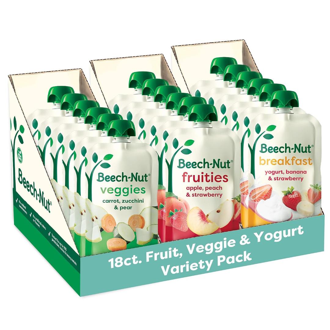 Beech-Nut Baby & Toddler Food Favorite Flavors Pouches Variety Pack, Fruit Veggie and Whole Milk Yogurt Purees, Baby Pouch Puree Starter Pack, 3.5oz (18 Pack) (EXP 12/01/26)
