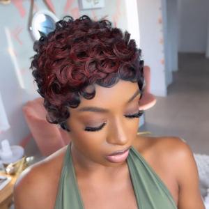 Short Layered Curly Pixie Cut Wigs With Bangs Human Hair Short Pixie Cut Wigs for Black Women Glueless Wig Curly Human Hair Wig F1B/99J Color