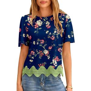 LOLONG Womens Short Sleeve Printed Tops Summer 2026 Crew Neck Color Block Casual Blouses (S)