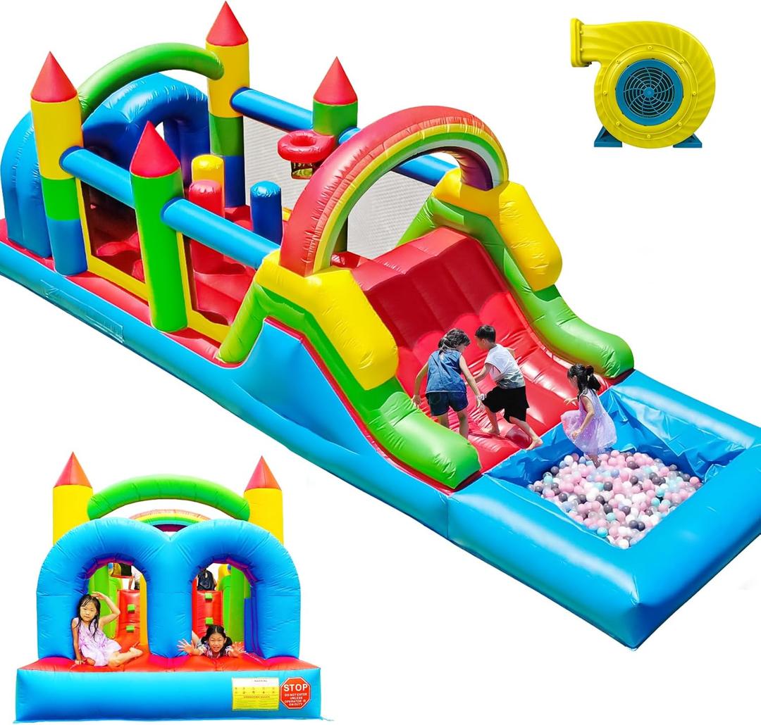 25FT Commercial Inflatable Obstacle Course Bounce House for Adult Big Kids, 100% PVC Bounce House with Water Slide Dual Racing Tunnel, Climbing, Splash Water Pool Heavy Duty Outdoor Party 25x8x8FT