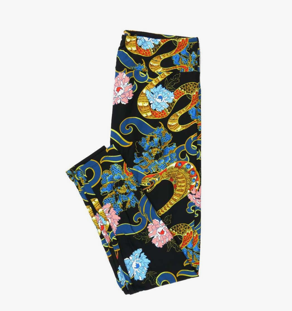 Lularoe Tall Curvy (TC fits Sizes 12-18) Cobra Snake Floral Black Gold White Buttery Soft Adult Leggings 7513-A14