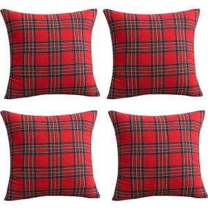 Softalker Christmas Pillow Cover 16x16 Set of 4 - Red Tartan Checkered Throw Pillow Cover, Farmhouse Buffalo Plaid Xmas Decorative Cushion Case for Couch Sofa, Christmas Holiday Decor