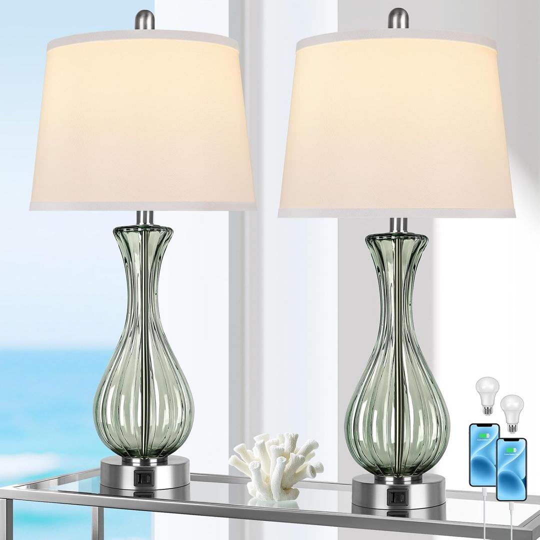 27.5" Coastal Glass Table Lamp Set of 2, 3-way Dimmable Full Touch Control Beach Lamp with USB A+C Port, Glass Nautical Bedside Lamp with White Shade for Living Room Bedroom(LED Bulbs Included) (1)