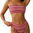 ZAFUL Women Strapless Textured Bandeau Bikini 2 Piece Swimwear Cheeky Solid Lace up Bathing Suits (Medium, Rose Red)