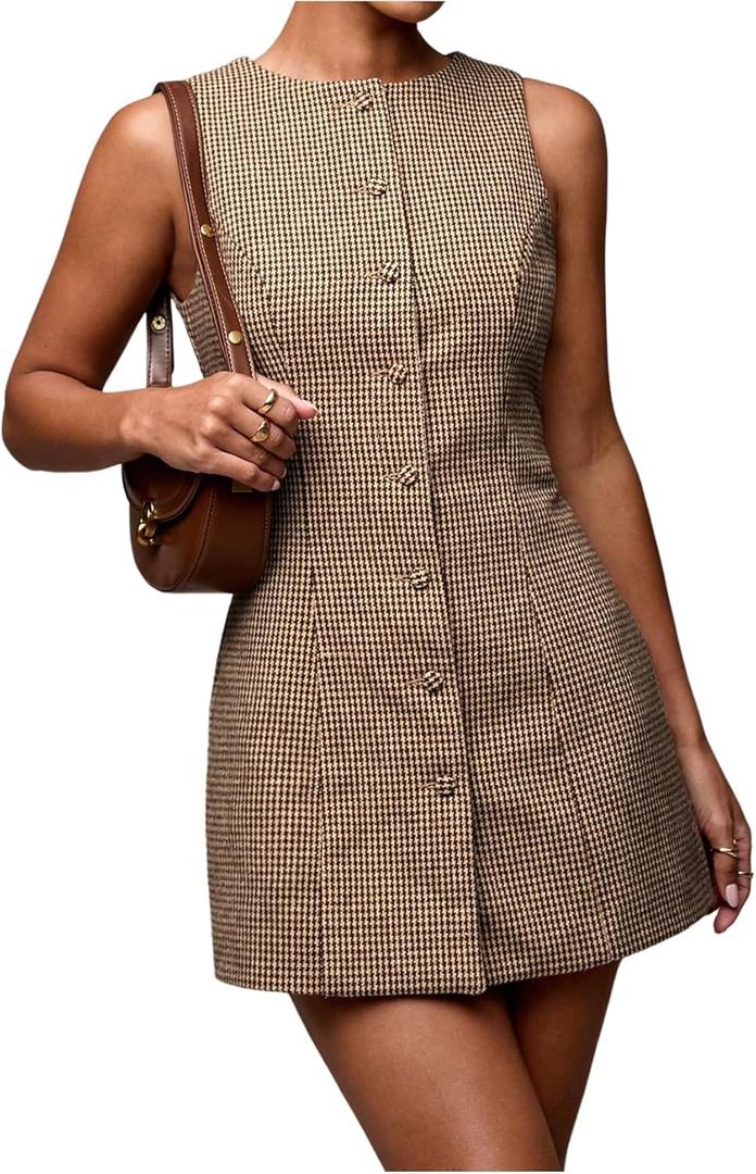SOLY HUX Women's Plaid Button Down Dress Crew Neck Sleeveless Tie Back Work Office Mini Dresses (Medium)
