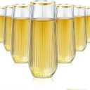 48 Pack Plastic Ribbed Champagne Flutes, 9 Oz Stemless Disposable Gold Rim Clear Plastic Toasting Glasses Shatterproof Recyclable and BPA-Free Perfect For Wedding